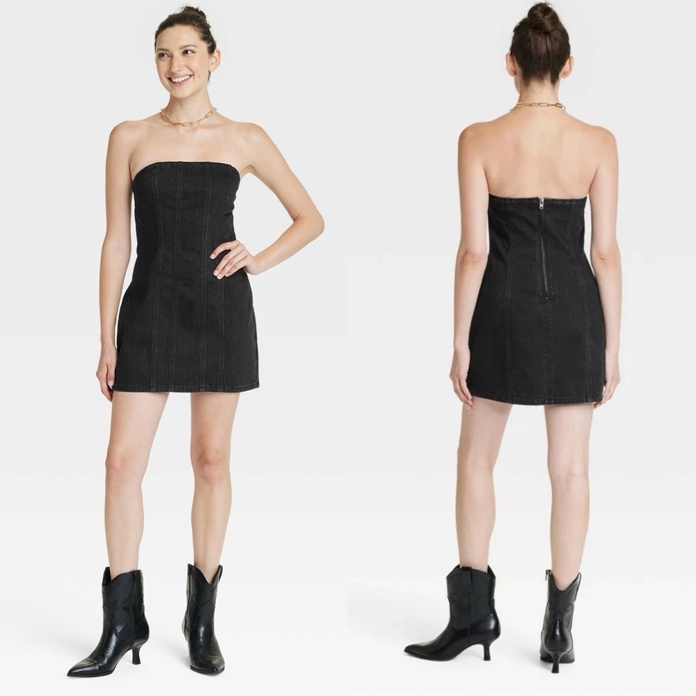 Women's Tailored Denim Mini Dress Strapless Universal Thread Black 14 Cowgirl